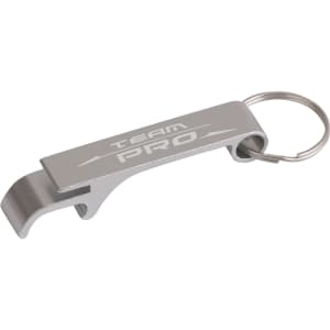 A drink bottle opener in silver aluminium with a keyring attachment and a logo.