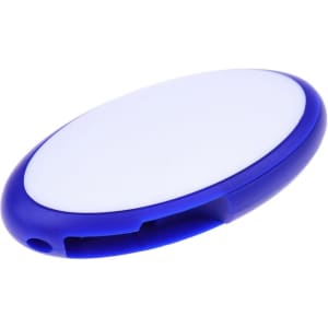 An oval swivel flash drive in blue with a white surface and a cutout for attachment. Features a logo.