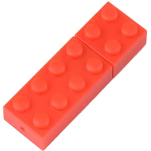 A red stackable brick flash drive featuring a textured surface with raised dots and a logo on the side.