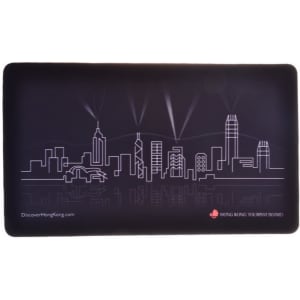 A black mouse mat featuring a skyline design in white outline, with a logo in the corner.