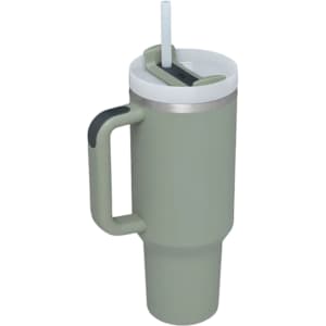 A drink bottle in a matte green finish with a silver lid, straw, and a handle for easy carrying.