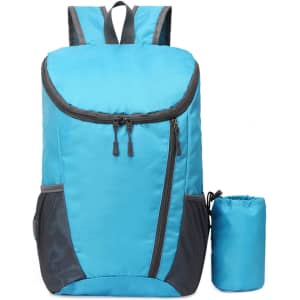 A packable travel backpack in bright blue, featuring a zippered compartment and a small, matching storage bag.