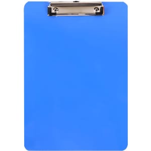 A blue clipboard with a metal clip at the top, suitable for holding documents.