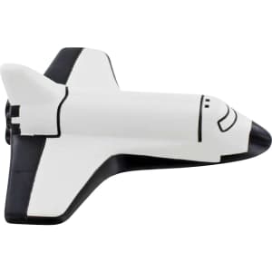 A white and black shuttle-shaped stress reliever with a logo on its surface.