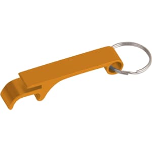 An orange aluminium keyring bottle opener with a keychain attachment. It has a simple, sleek design.