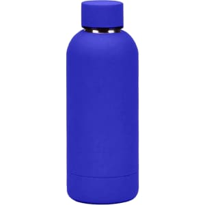 A drink bottle in vibrant blue, made of insulated stainless steel, featuring a smooth, matte finish and a lid.