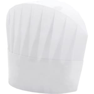 A white disposable non-woven chef hat with pleated design, measuring 23cm in height. Features a logo.
