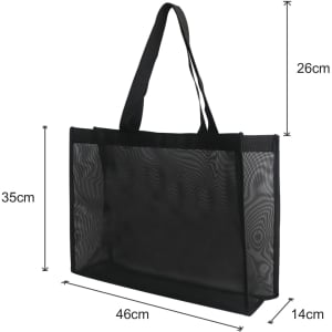 A black transparent mesh tote bag with dimensions displayed, featuring sturdy handles and an open design.