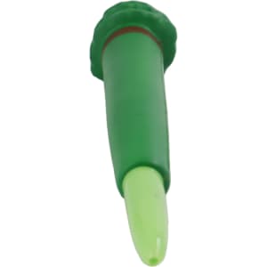 A green pen designed to resemble a tree, featuring a green top and a smooth writing tip. It has a logo.
