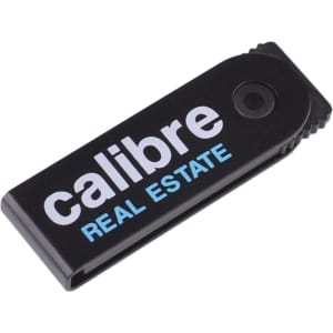 A black flash drive with a clip, featuring a logo in white and light blue text.