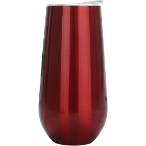 A drink bottle in a shiny red finish, featuring a clear lid, designed for beverages. It has a branded logo.