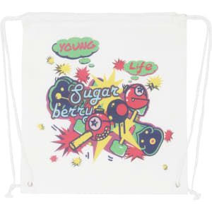 A white drawstring cotton bag featuring colourful graphic designs and illustrations, including a logo.