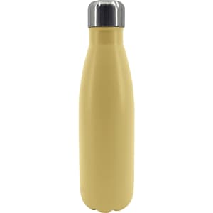 A drink bottle in a soft yellow hue with a stainless steel silver cap and a logo on the surface.