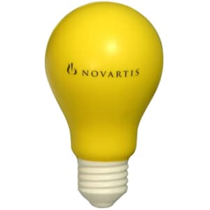 A yellow bulb-shaped stress reliever with a white base and a logo on the surface.