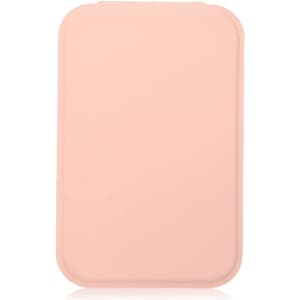 A portable mini mirror in a soft pink colour with a smooth, rectangular design and a subtle logo.