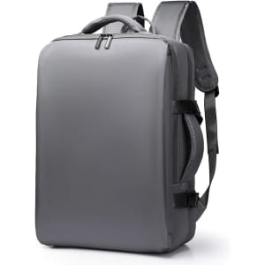 A grey carry-on travel backpack with padded shoulder straps and compartments for organisation. It features a logo.