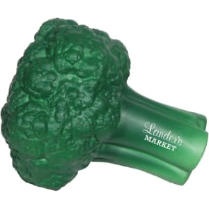 A green cauliflower-shaped stress reliever with a textured surface and a brand logo on the stem.