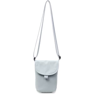A light blue canvas shoulder bag with a flap and an adjustable strap. It features a logo on the front.