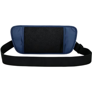 A blue fanny pack with a black mesh panel and an adjustable strap. It features a logo on the front.