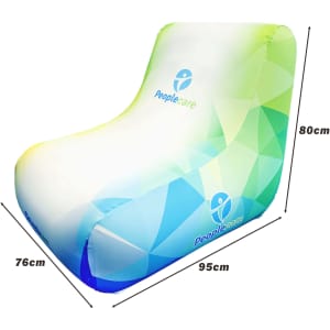 An inflatable lounge chair in gradient shades of green and blue, featuring a logo. Dimensions are indicated.