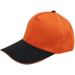An orange cap with a black peak and trim. The cap features a logo on one side.