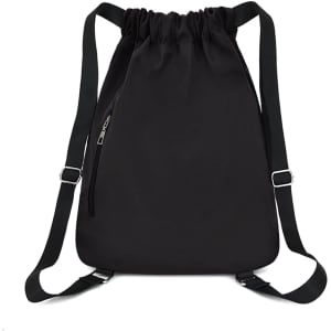 A black lightweight drawstring backpack with adjustable straps and a zippered pocket. Features a logo.