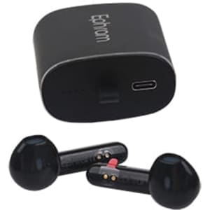 A pair of black Slide Metal True Wireless Earbuds next to their charging case, featuring a logo.