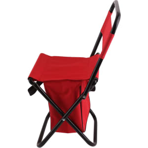 A foldable camping chair in red with a sturdy black frame, designed for children, featuring a compact carry bag.