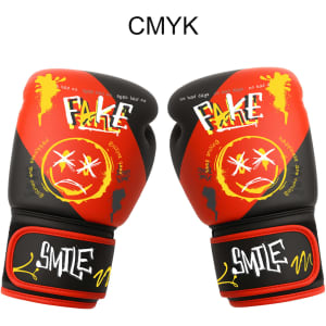 Vibrant red and black kids boxing gloves featuring playful graphics and branding elements.