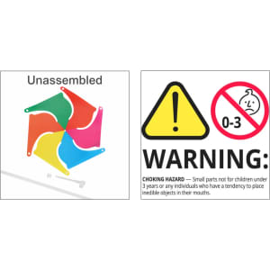A six-leaf pinwheel in bright red, blue, yellow, green, and pink colours, with assembly instructions and a warning label.