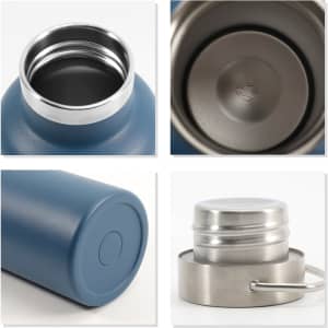 A drink bottle featuring a blue exterior, stainless steel base, and a silver cap, with a simple logo design.