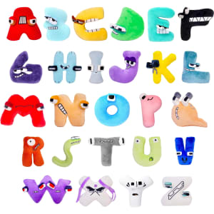 A collection of colourful plush toys shaped like the letters of the alphabet, featuring various facial expressions.