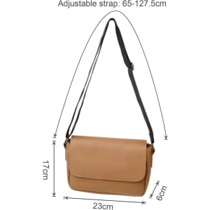 A tan polyurethane shoulder bag with an adjustable strap, featuring specified dimensions of 23cm x 6cm x 17cm.