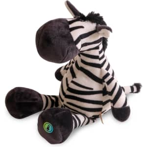 A plush zebra toy with black and white stripes, featuring a soft, cuddly body and a small green logo.
