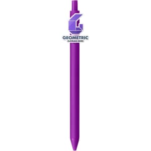 A purple acrylic pen with a clickable top and a logo visible on the barrel.