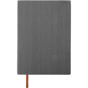 A grey PU leather notebook with a textured finish and a brown elastic band. It has a branding logo on the cover.