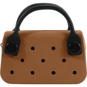 A brown mini handbag with black handles, featuring several decorative holes in the front.