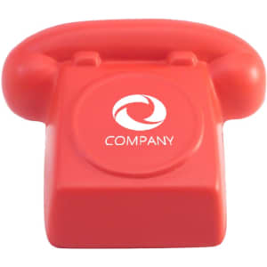 A red stress reliever shaped like a classic phone, featuring a logo on the front.