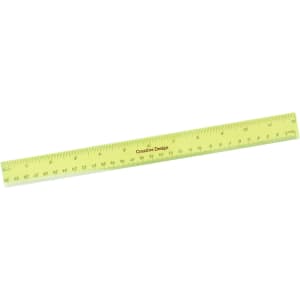 A bright yellow dual scale 30cm ruler, featuring measurement markings and a logo.