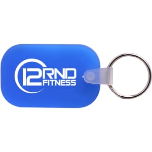 A blue oblong keyring with a shiny silver keyring attachment and a logo.