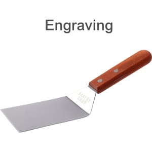 A stainless steel turner with a wooden handle, featuring a branded logo on the blade.
