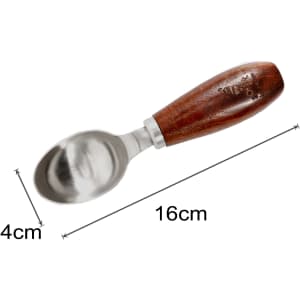 A stainless steel ice cream scoop with a wooden handle, measuring 16cm in length and 4cm in width.