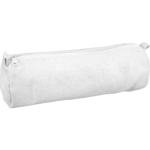 A white canvas pencil case with a zipper, featuring a cylindrical shape and a simple design.