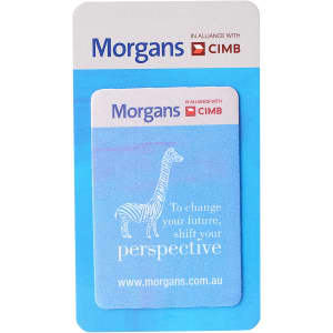 A promotional phone screen cleaner featuring a blue and white design with a cartoon giraffe and a logo.