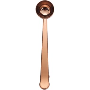 A copper coffee measuring spoon with a clip, featuring a long handle and a rounded scoop at the end.