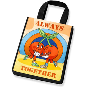 A small tote bag in vibrant colours featuring two cherries hugging, with a graphic design and a logo.