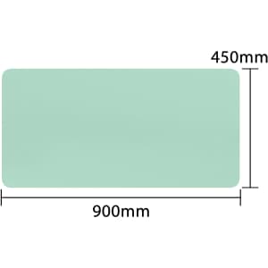 A mint green PU leather desk mat featuring rounded corners, with dimensions of 900mm by 450mm. It has a logo.