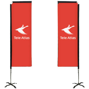Two tall rectangular banners are displayed on black bases with a red background and a logo.