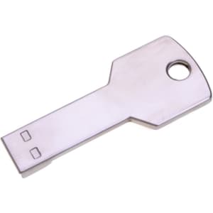 A silver square key flash drive with a hole for attaching to keychains, featuring a simple, minimalist design.