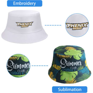 A white bucket hat with embroidery and a tropical print bucket hat with sublimation, both featuring logos.